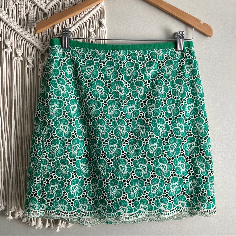 J. Crew Green Flounce Skirt Floral Embroidery